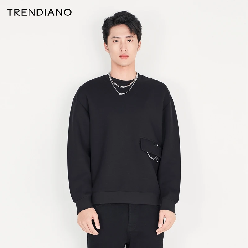TRENDIANO加绒官方男装秋季男上衣冬季新款宽松罗纹圆领卫衣男