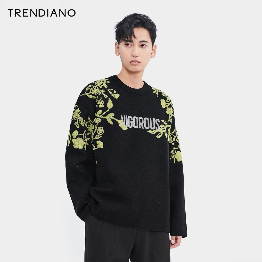 TRENDIANO撞色提花包芯纱毛衣2024年新款宽松休闲圆领毛织衫