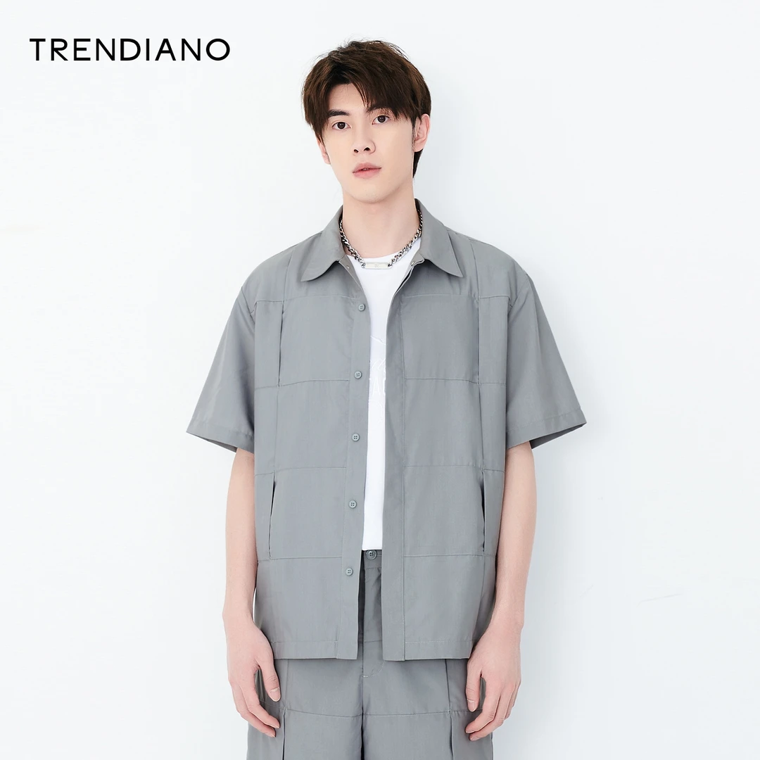 TRENDIANO官方夏季男装时尚简约百搭舒适宽松翻领短袖衬衫纯色潮