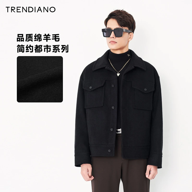 TRENDIANO官方立体口袋百搭简约翻领毛呢外套男潮2023新款冬季