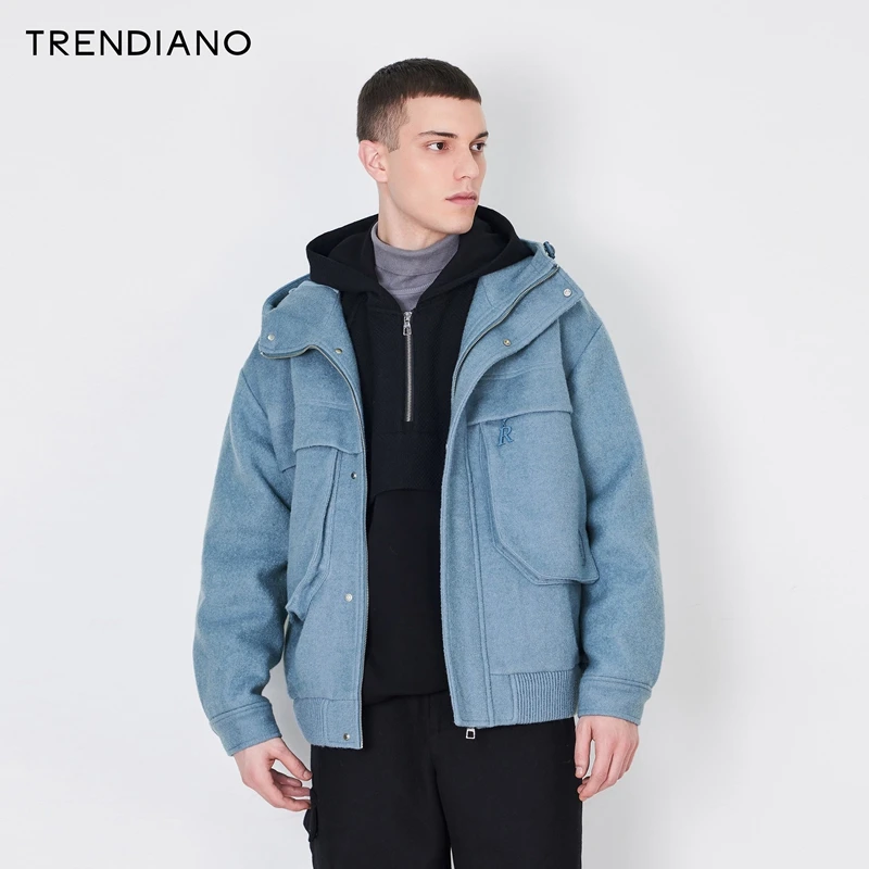 TRENDIANO官方绵羊毛连帽微阔呢料外套男潮新款冬季百搭宽松