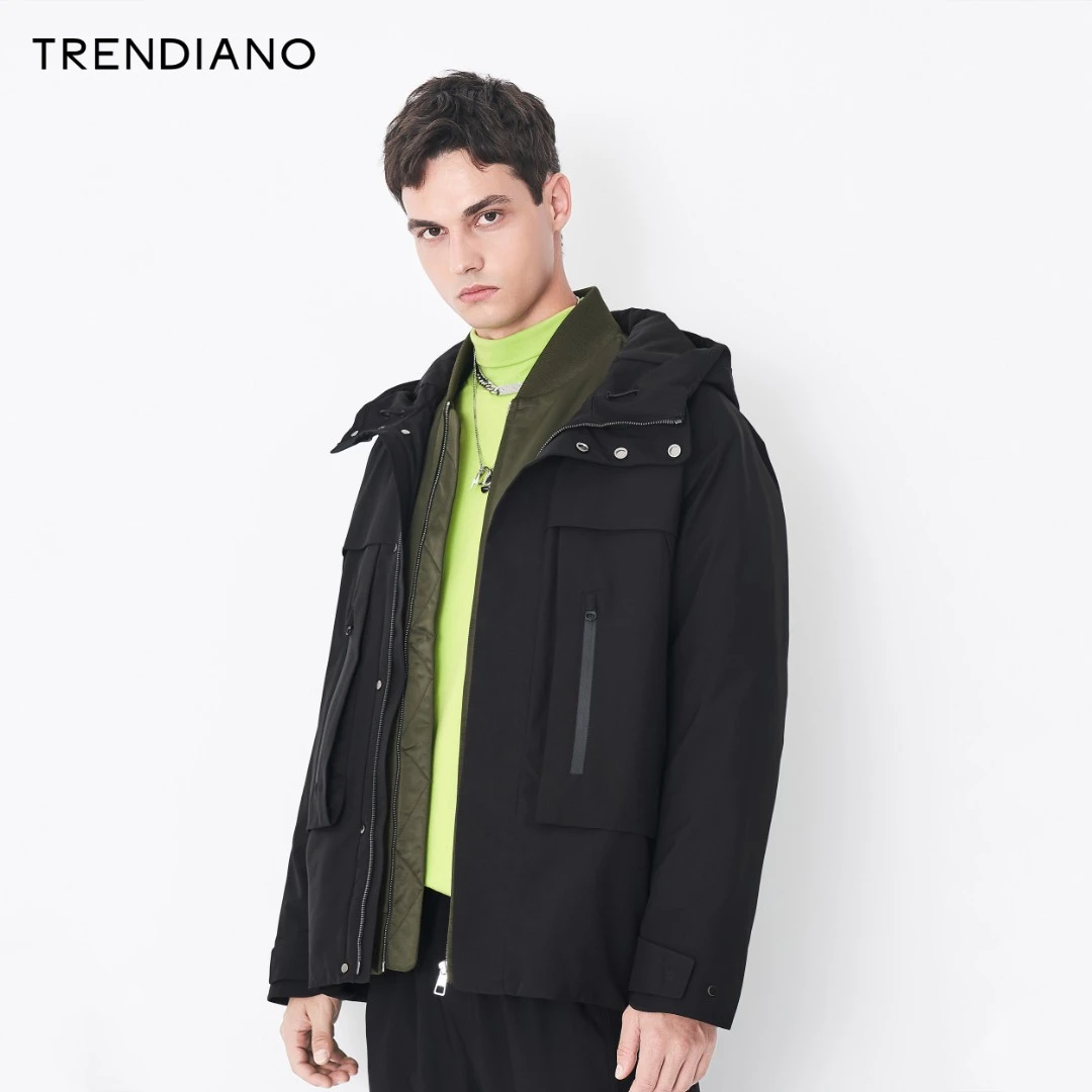 TRENDIANO官方新款秋冬立体口袋棉衣连帽棉服外套男士黑色棉衣