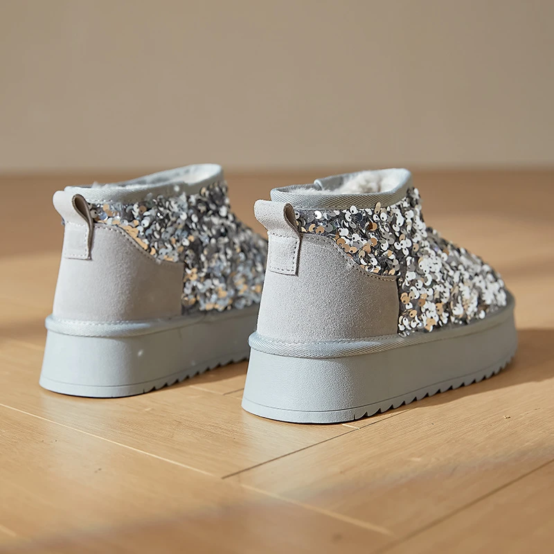 厚底雪地靴女2024冬季新款时尚真皮亮片保暖加绒加厚防水短筒棉鞋