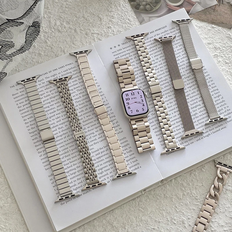 星光色系列AppleWatch表带s9不锈钢s7苹果手表表带S8新款金属细款