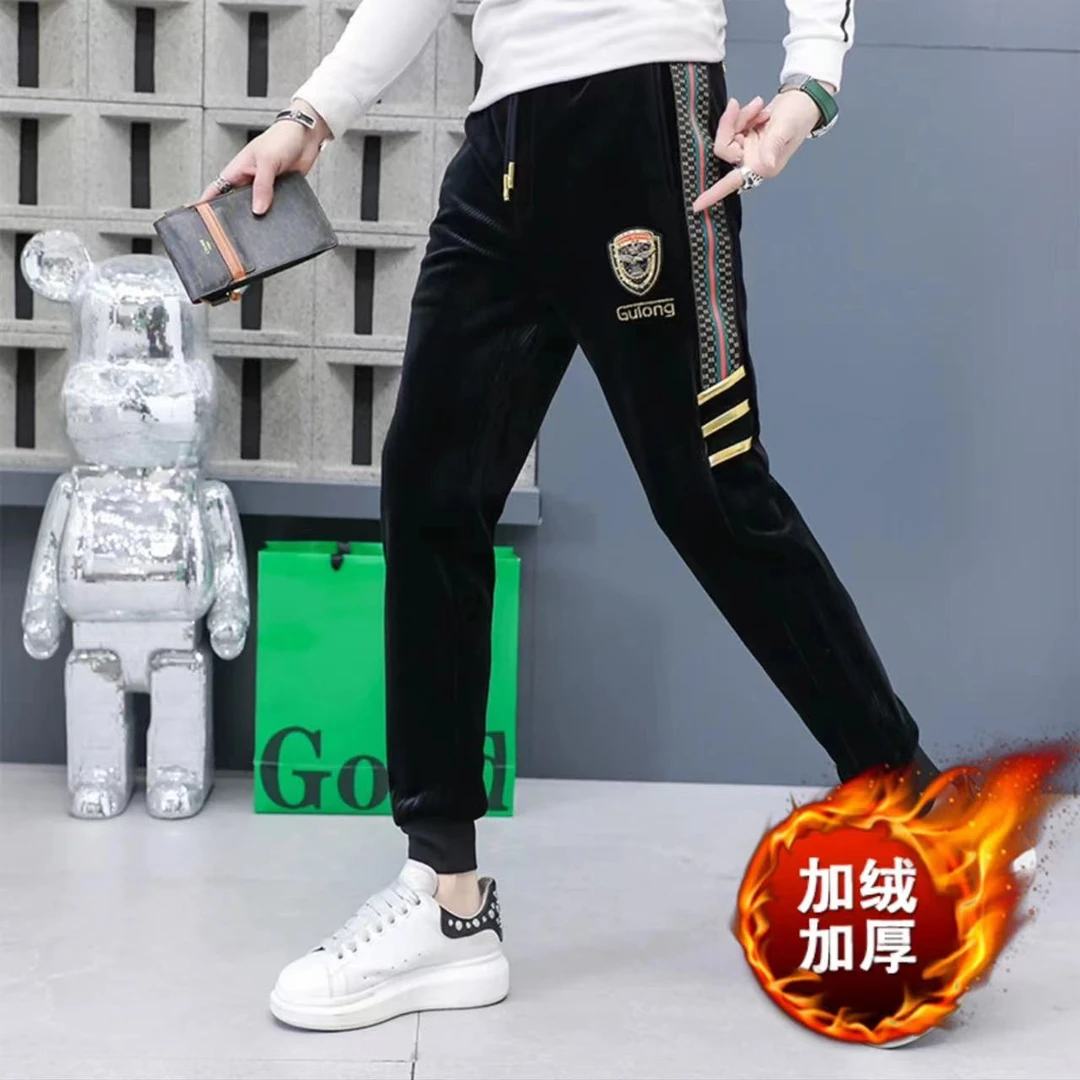 高品质 2023男士秋冬时尚加厚加绒织带刺绣束脚休闲裤399