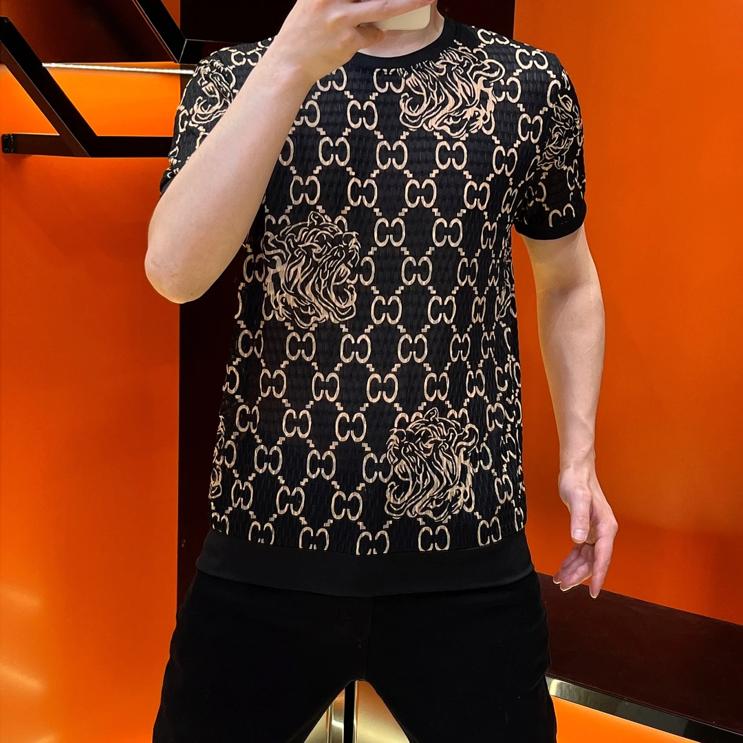 强强品质夏季新款男士虎头色织提花休闲圆领男士冰丝短袖时尚百搭