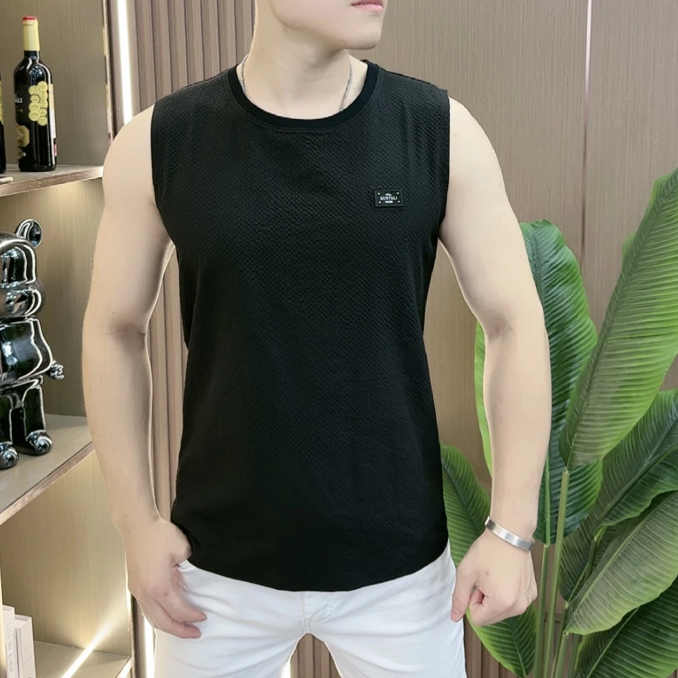 设计师款夏季男士肌理纹泡泡纱圆领薄款马甲背心百搭网眼潮流坎肩
