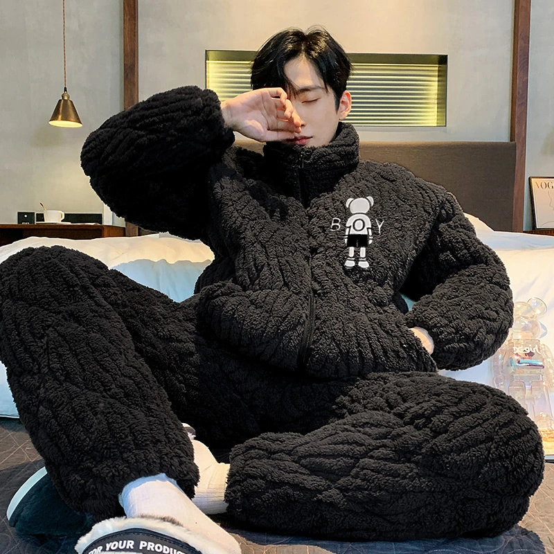 睡衣男冬季三层夹棉加厚加绒保暖潮牌青少年男生珊瑚绒超厚家居服