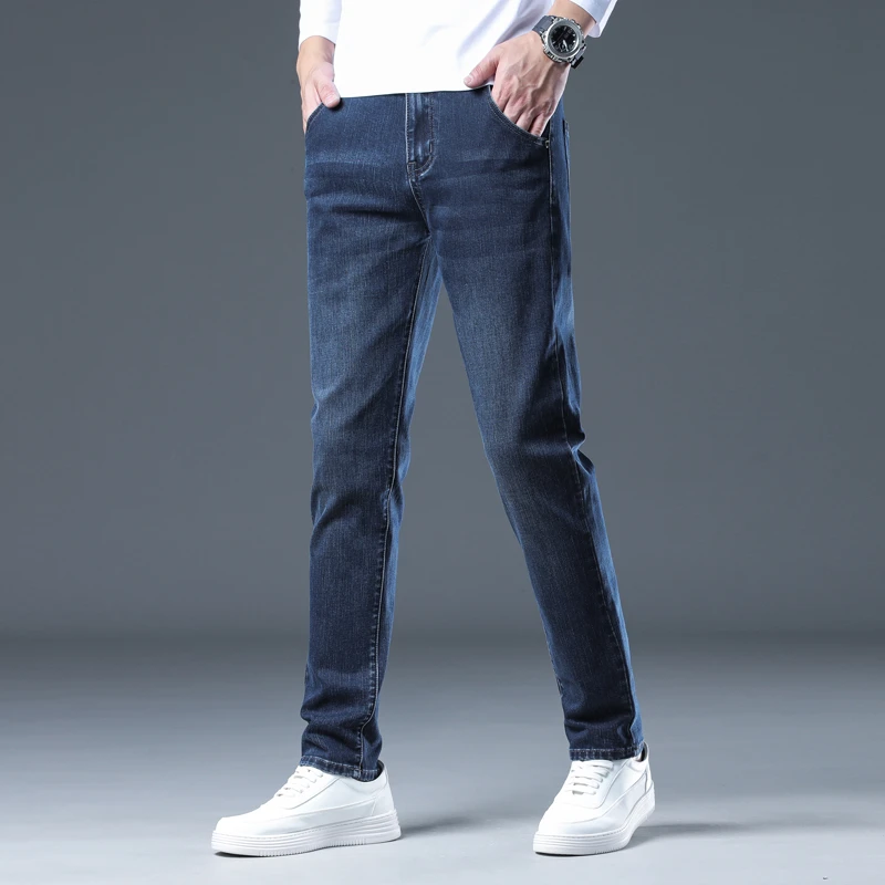 韩版男牛仔裤子小直筒休闲百搭修身显瘦30岁男款弹力墨蓝色男裤子