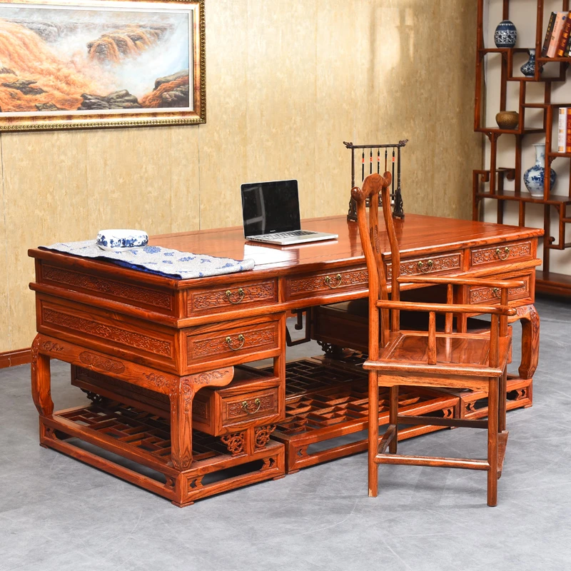仿古实木办公桌小祥云榆木大板桌大班台明清古典桌子电脑桌椅组合