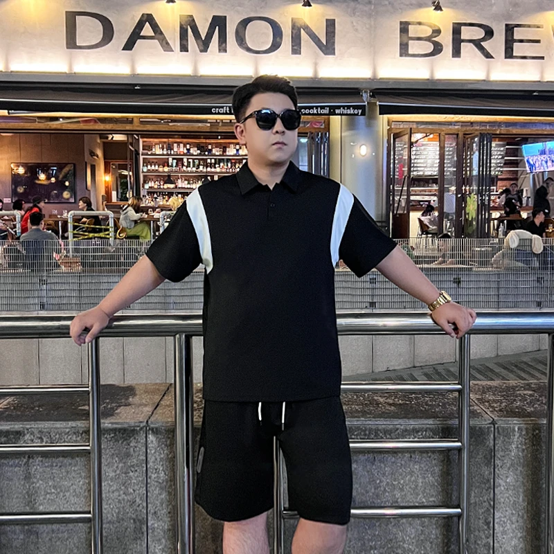 【两件套】夏季新款拼色POLO衫华夫格短裤男潮流宽松休闲套装X5471