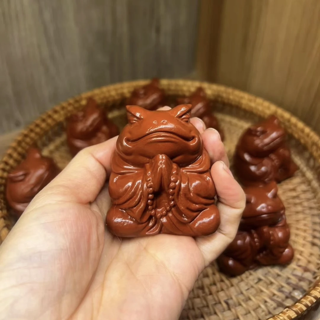 卧壶藏宠紫砂茶宠茶玩精品大红袍小蟾仙拜拜蟾手把件盖置摆件可养