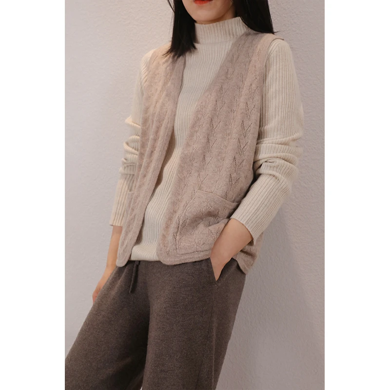 东雍 春秋新款挑孔提花休闲镂空单排扣羊绒针织V领开衫马甲背心