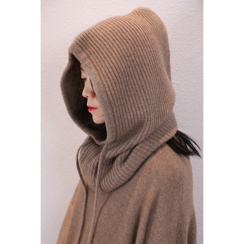 东雍 多功能加厚保暖羊绒针织毛线坑条护耳围巾脖套帽子一体秋冬