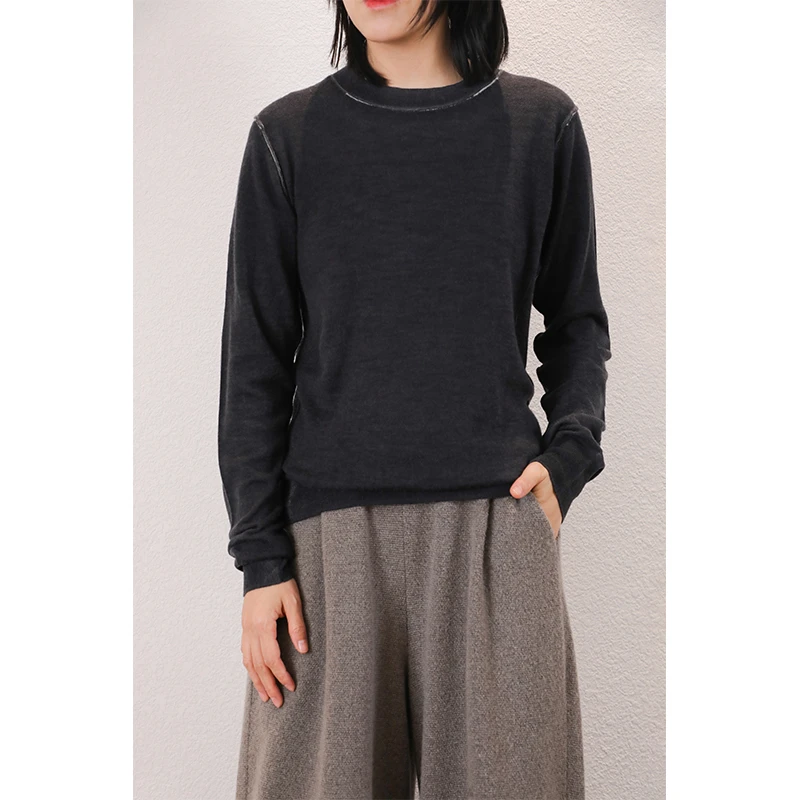 东雍 穿越时空的共鸣 精纺圆领印黑手工裁剪羊绒针织套头打底衫