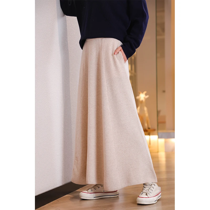 东雍 简约加密碎玉针提花高腰显瘦羊绒针织A字伞裙半身裙长裙秋冬