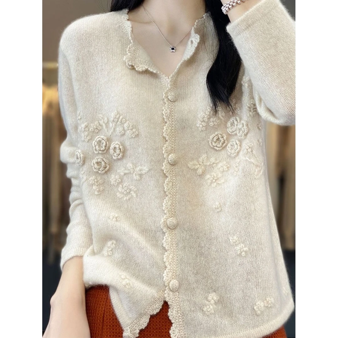 2023秋冬空调衫开衫女圆领外搭早春重工手提玫瑰花韩版针织衫外套