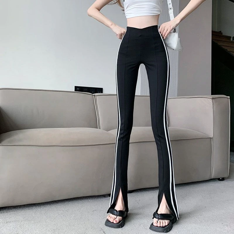 两条杠百搭黑色微喇裤女2023新款紧身喇叭裤开叉高腰休闲拖地长裤