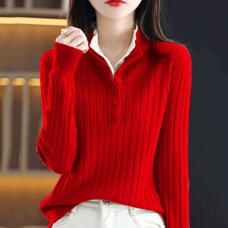 秋冬新款洋气韩版毛衣修身百搭打底上衣假两件时尚立领坑条针织衫