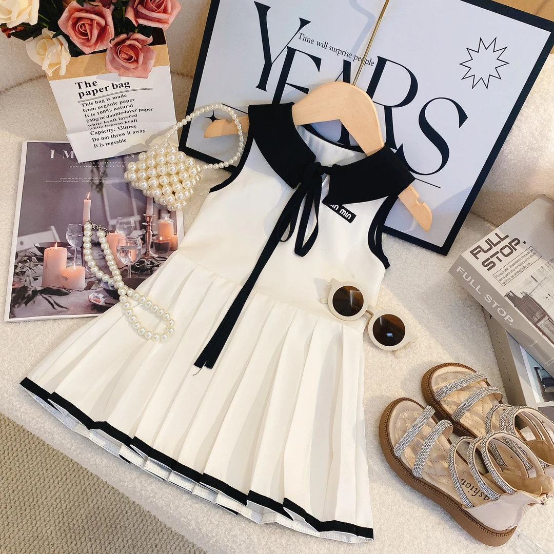 2024夏季女童新款 简约大方无袖学院风连衣百褶裙8304