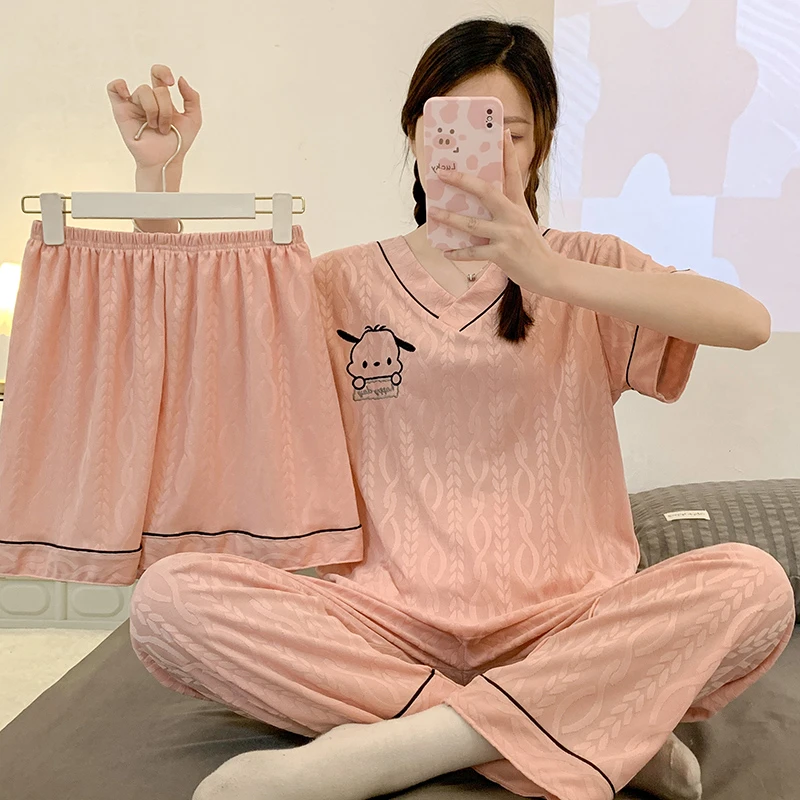 三件套装睡衣女夏季短袖短裤长裤甜美加肥特大码胖MM300斤家居服