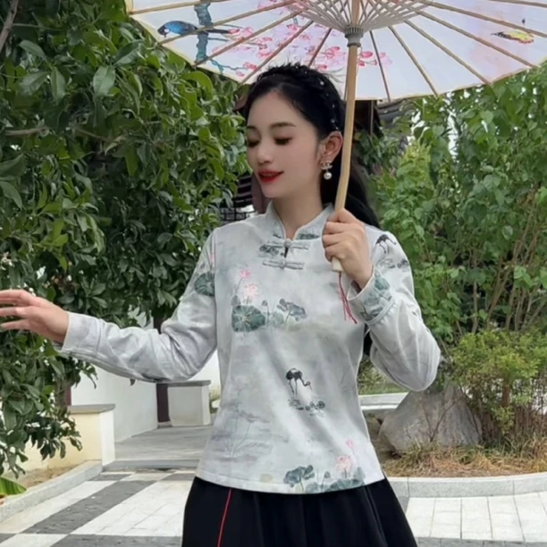 国风秋季新款唐装上衣对襟款禅服茶艺小衫民族风碎花女盘扣文艺风
