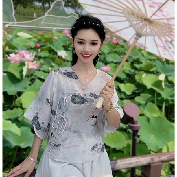 [荷花]夏季短版小衫女装民国风新国风学生茶服低领上衣中袖宽松