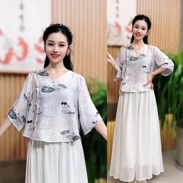 [鹤]夏季短版小衫文艺复古女装民国风学生茶服低领上衣中袖宽松