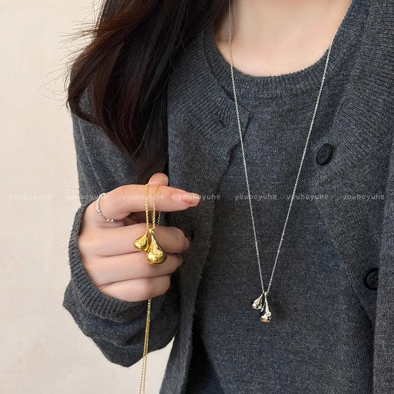 铜合金项链 韩国博主同款水滴双吊坠项链女秋冬高级感长款毛衣链