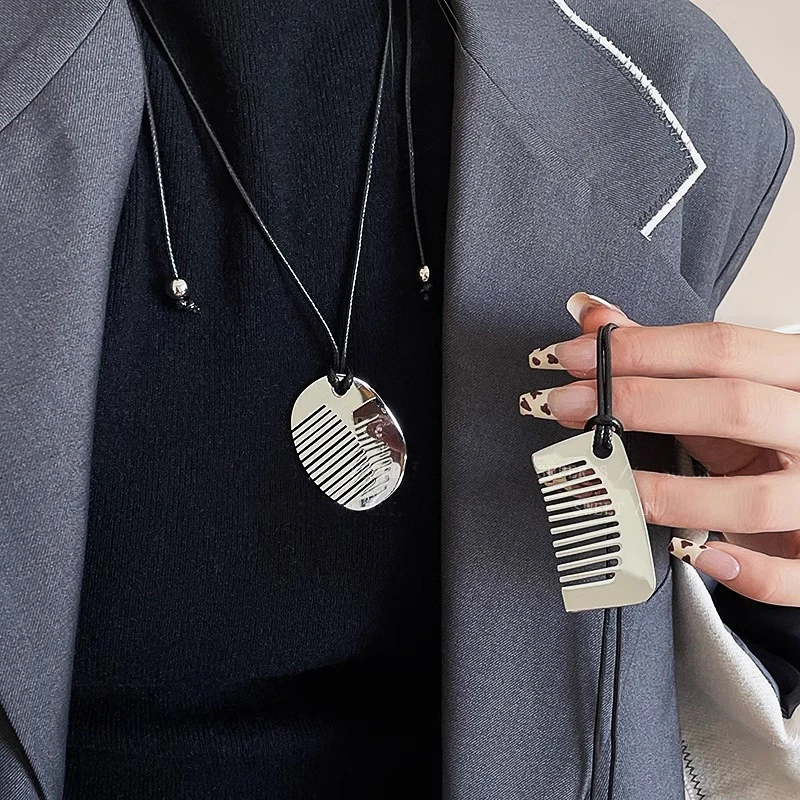 非金属皮质项链 韩国时髦感银色梳子项链女气质卫衣链秋冬毛衣链