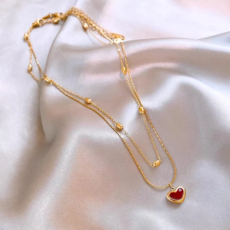 钛钢项链 双层叠戴红色爱心项链女秋冬款轻奢小众精致毛衣链配饰