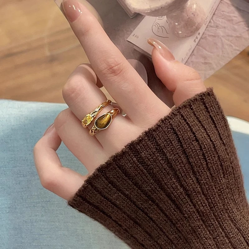 铜合金戒指 美拉德虎眼石开口戒指女复古气质双层食指戒秋冬指环