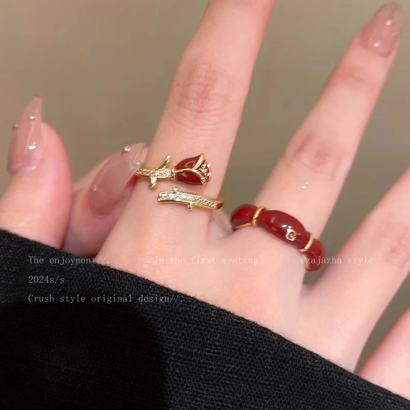 铜合金戒指 安可拉红色滴釉玫瑰开口戒指女复古食指戒高级感指环