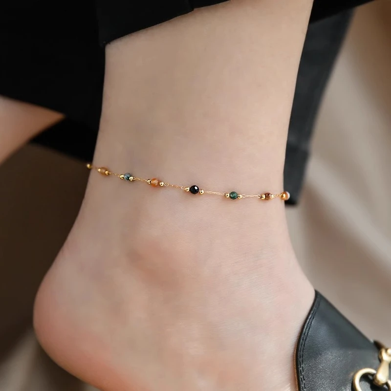 钛钢脚链 多巴胺彩色串珠脚链女小众设计轻奢气质时尚不掉色足链