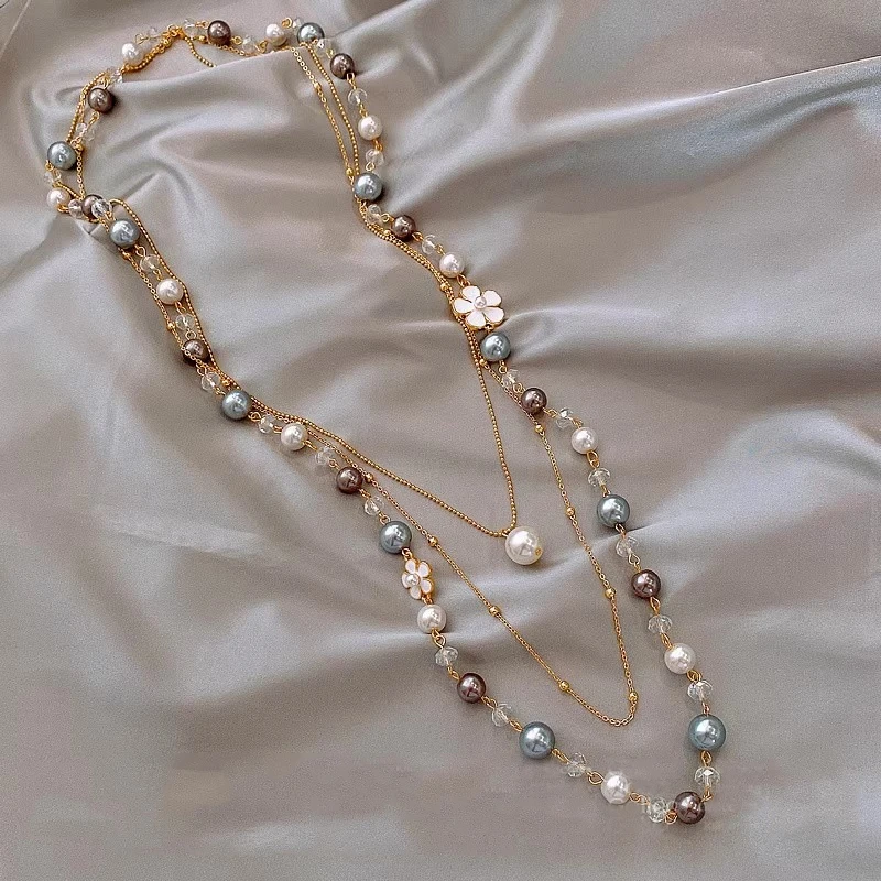 铜仿珍珠项链 高级感双层仿珍珠项链女气质高档轻奢长款锁骨链潮