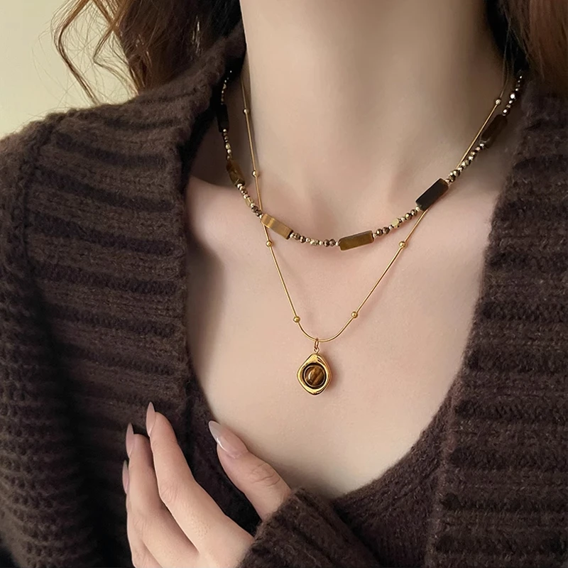 铜合金项链 复古美拉德叠戴虎眼石项链女秋冬轻奢气质双层毛衣链