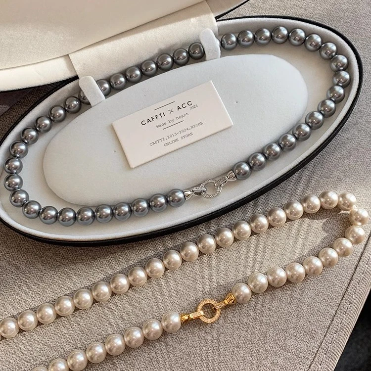 铜合金仿珍珠项链 施家真多麻银灰色仿珍珠项链女秋冬毛衣链颈链