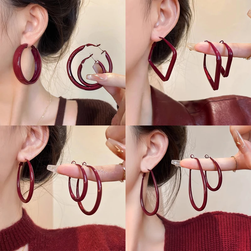 铜合金耳饰 复古安可拉红几何耳环女秋冬高级感轻奢气质耳圈耳钉