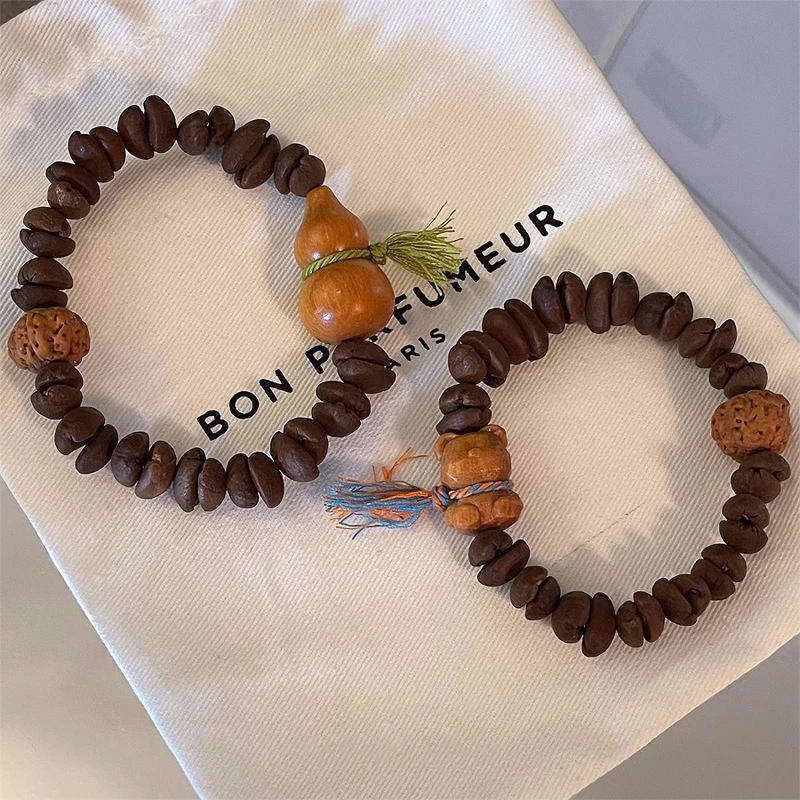 非金属木质手链 木雕小熊葫芦咖啡豆串珠手链男女款小众设计手串