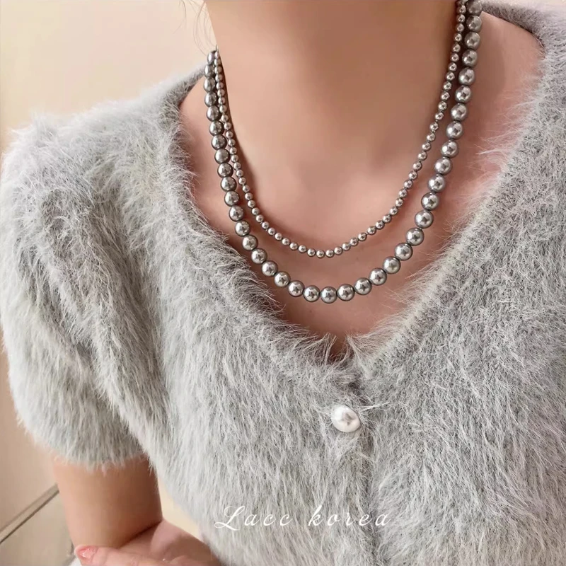 钛钢仿珍珠项链 法式复古银灰珠珠项链女叠戴轻奢小众毛衣链颈链