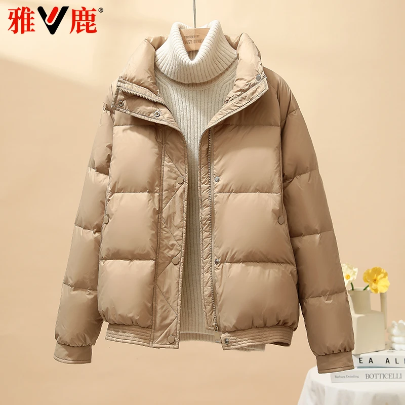 雅鹿新款2025羽绒服女短款立领百搭显瘦休闲时尚大码宽松冬季外套