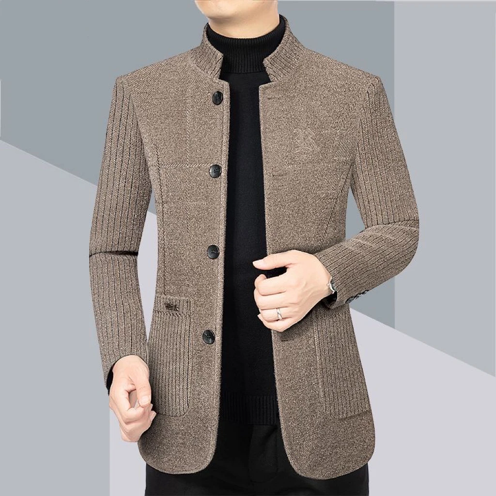 秋冬季男士立领高档大衣中老年加棉加厚外套商务休闲男士中山装