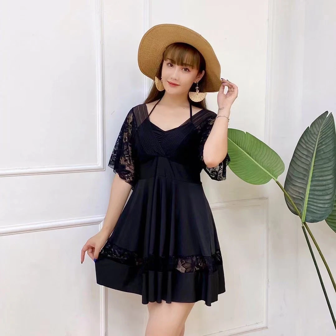 大码泳衣女平角遮肚防走光温泉显瘦游泳蕾丝裙式加肥加大连体泳装