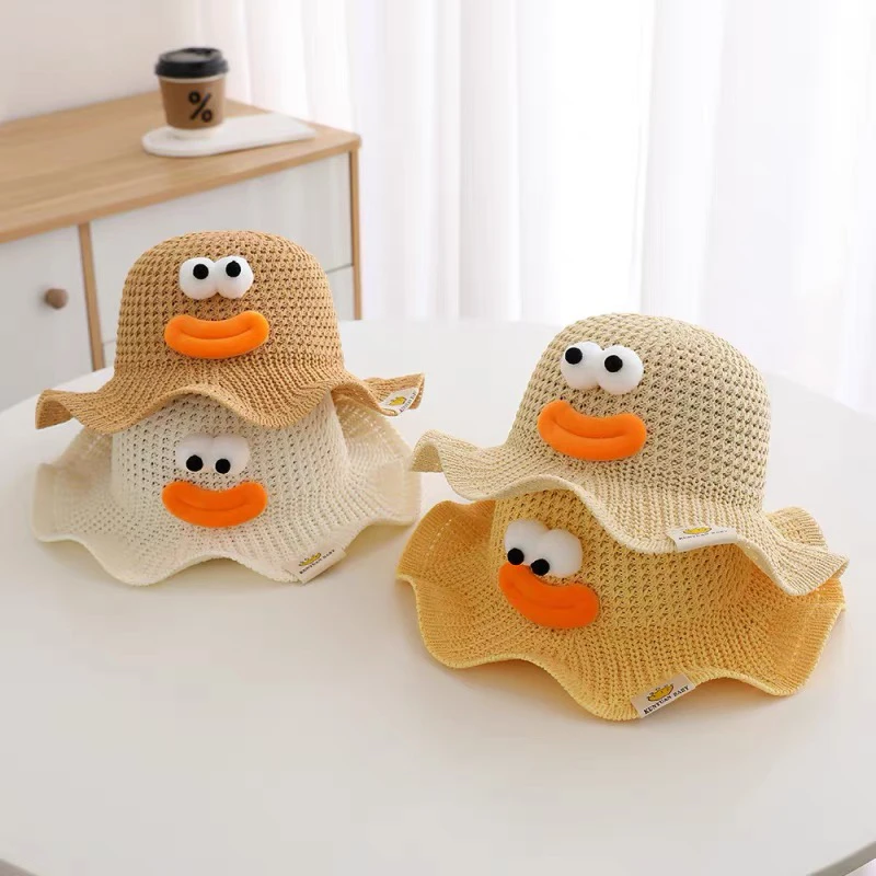 可爱搞怪儿童帽子夏季薄款大檐遮阳帽男女童草编渔夫帽宝宝太阳帽