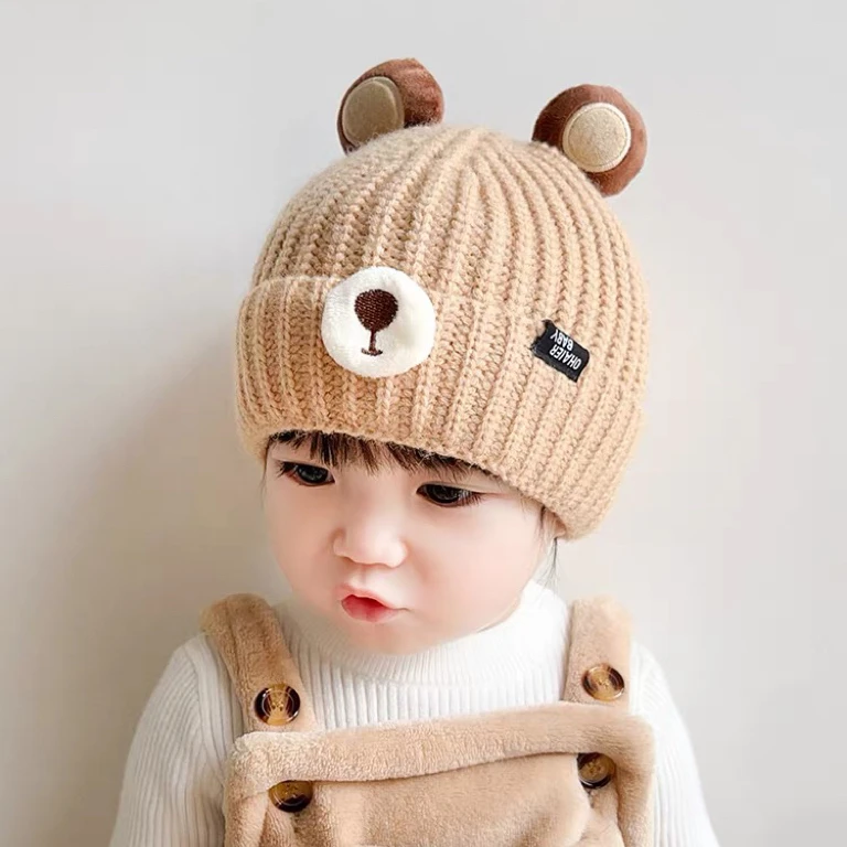 宝宝帽子新品秋冬新款可爱小熊男孩儿童针织毛线帽保暖加厚套头帽
