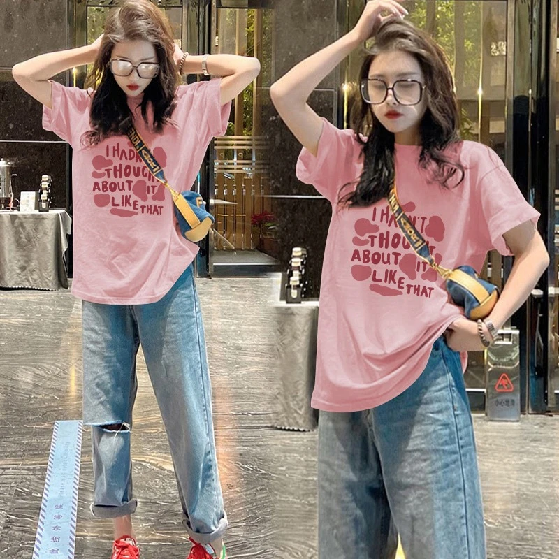 粉色纯棉短袖t恤女2024夏季新款美式休闲洋气减龄宽松印花上衣潮