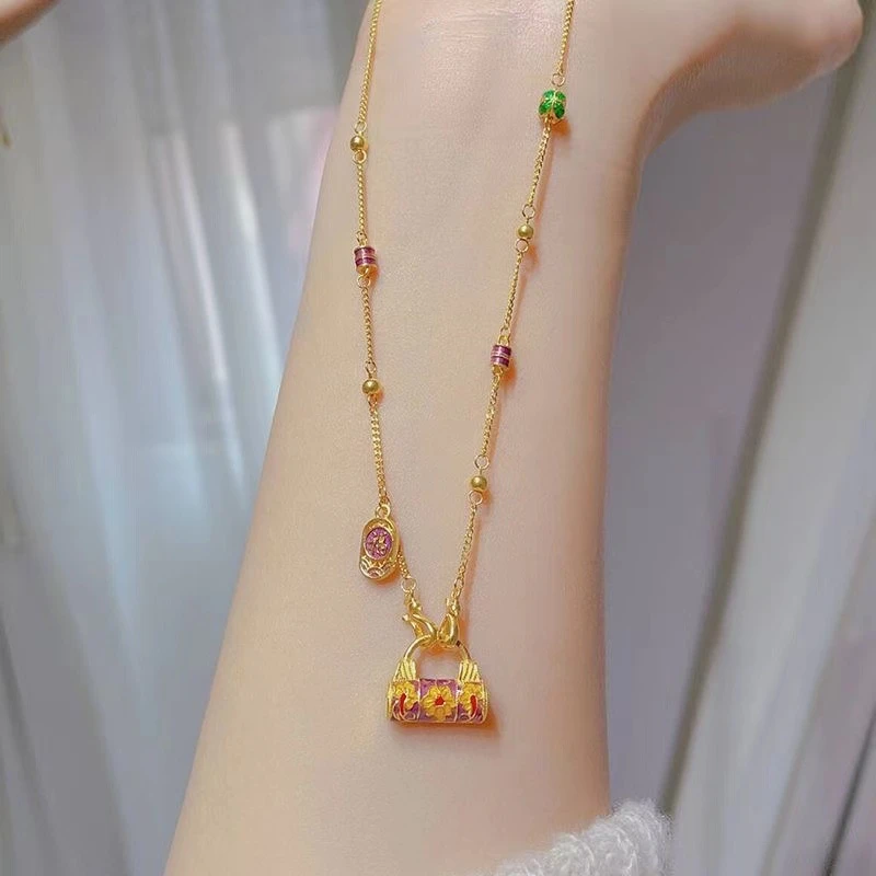 铜合金项链 烧蓝高温金色长命百岁锁项链女2024新款锁骨链古法