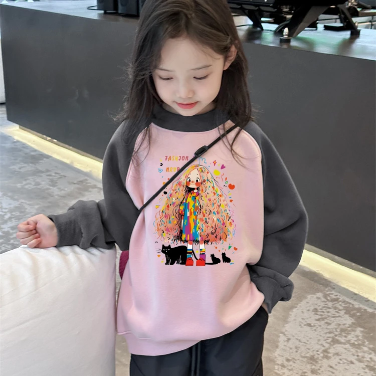 女童库洛米卫衣春秋款2024新款女孩童装圆领洋气儿童印花拼色上衣