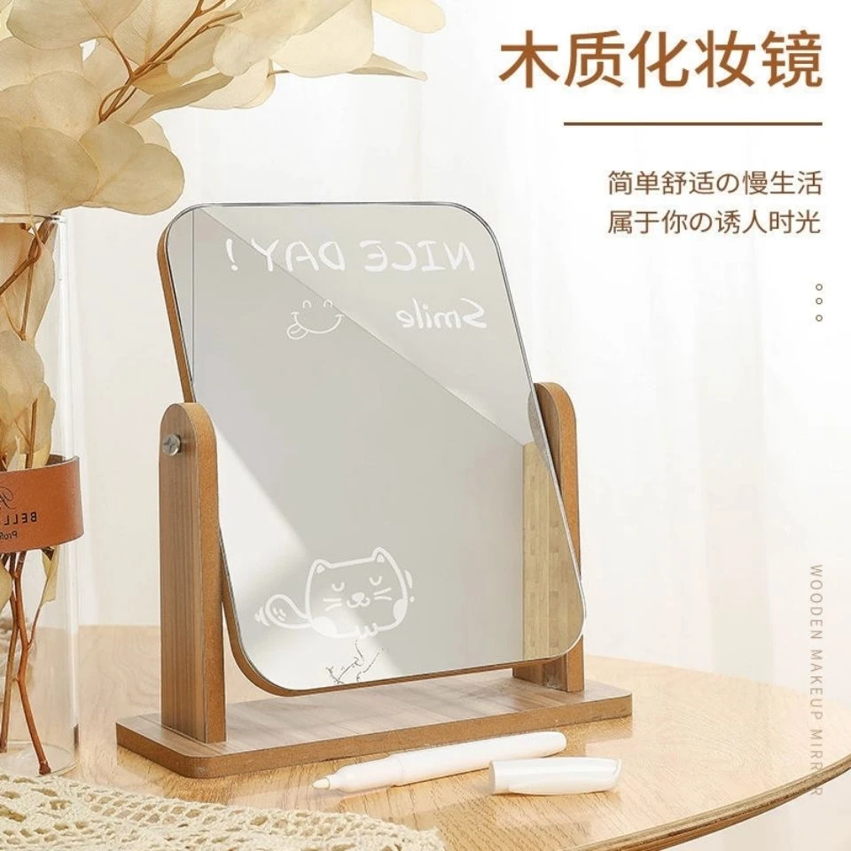 木质镜子化妆复古桌面木制台式梳妆镜大号家用学生网红少女心