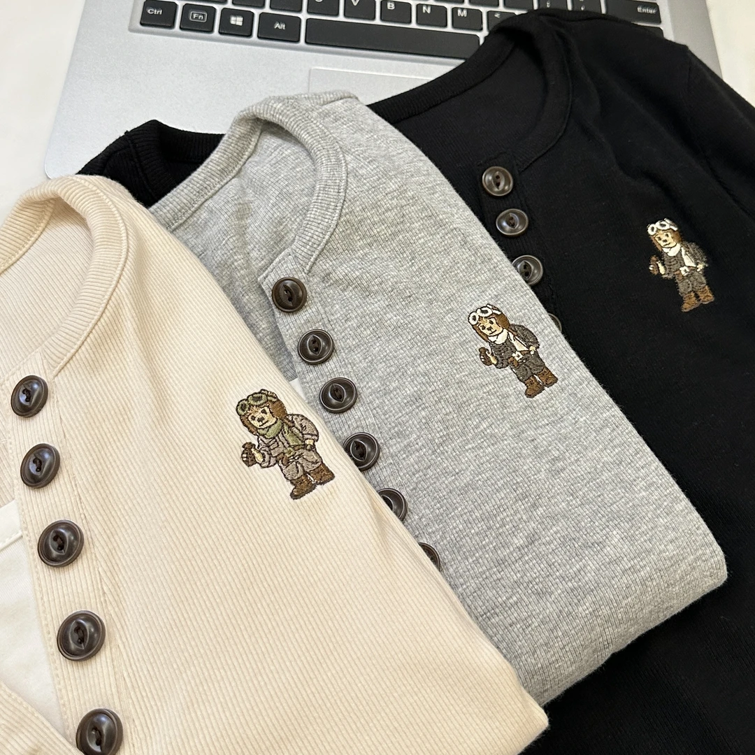 小熊刺绣假两件真两层显瘦百搭T恤 打底衫女833